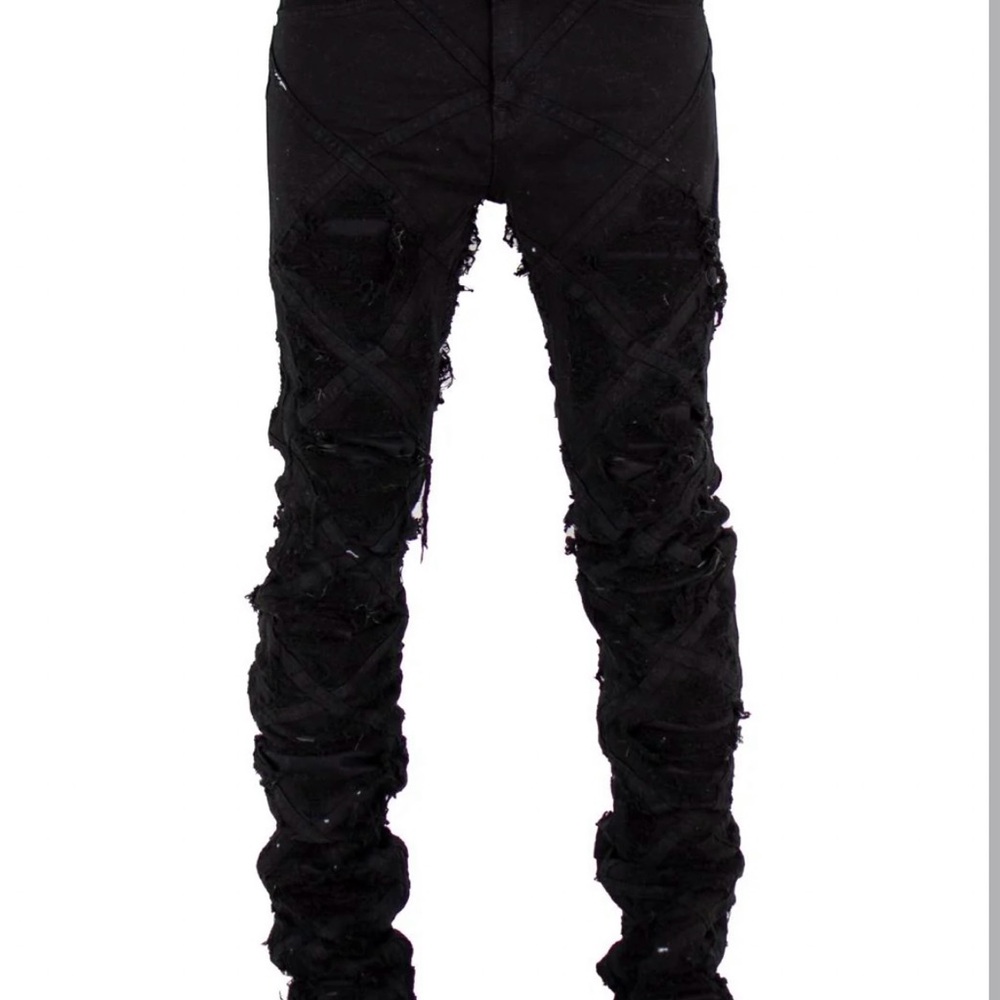 Men's focus  Black Stack flare Distressed Jeans 36x38